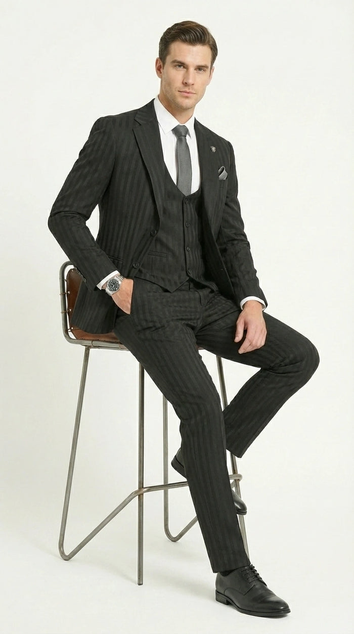 Men’s Black Pinstripe 3 Piece Suit – Vested Formal Business Suit for Wedding, Office, Prom and Party Wear