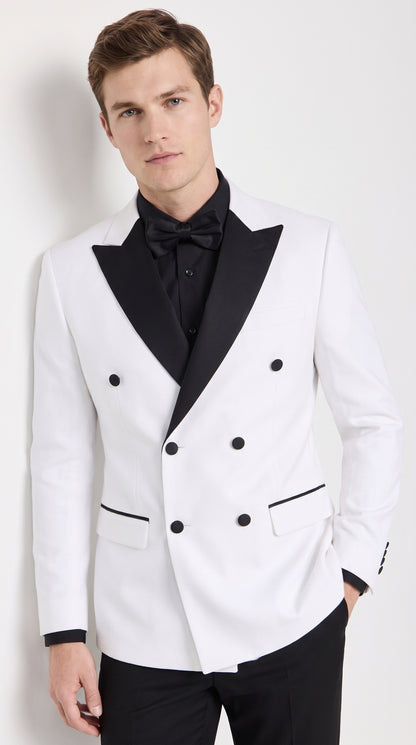 Men's White Double Breasted Tuxedo Dinner Jacket with Black Satin Peak Lapel – Formal Wedding Prom Blazer