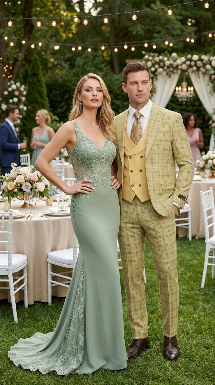 Vitali Men’s Sage Beige Tan Plaid 3 Piece Suit, Check Pattern Formal Dress Suit for Weddings, Prom, Business Events, Modern Fit Light Yellow Color