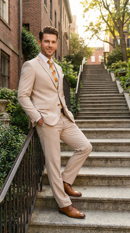 Vitali Men’s Natural Beige Pinstripe Suit – Summer Tan Pinstripe  Weddings and Business Wear