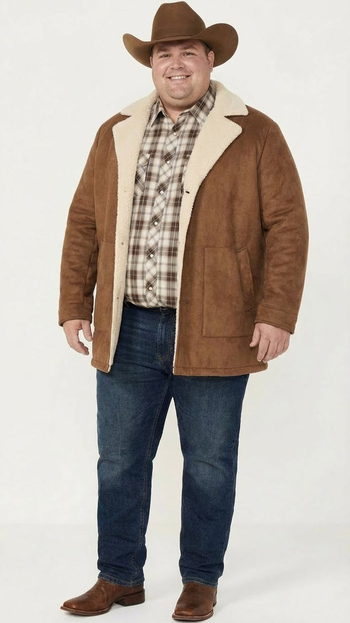 Men’s Brown Western Faux Suede Blazer Coat – Cowboy Style Long Jacket for Wedding, Party and Special Events