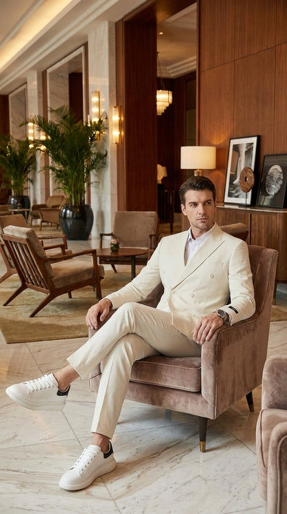 Men’s Ivory Cream Double Breasted Linen Suit – Off-White Summer Wedding Slim Fitted 2-Piece Suit Cream Color