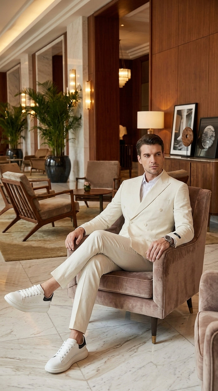 Men’s Ivory Cream Double Breasted Linen Suit – Off-White Summer Wedding Slim Fitted 2-Piece Suit Cream Color