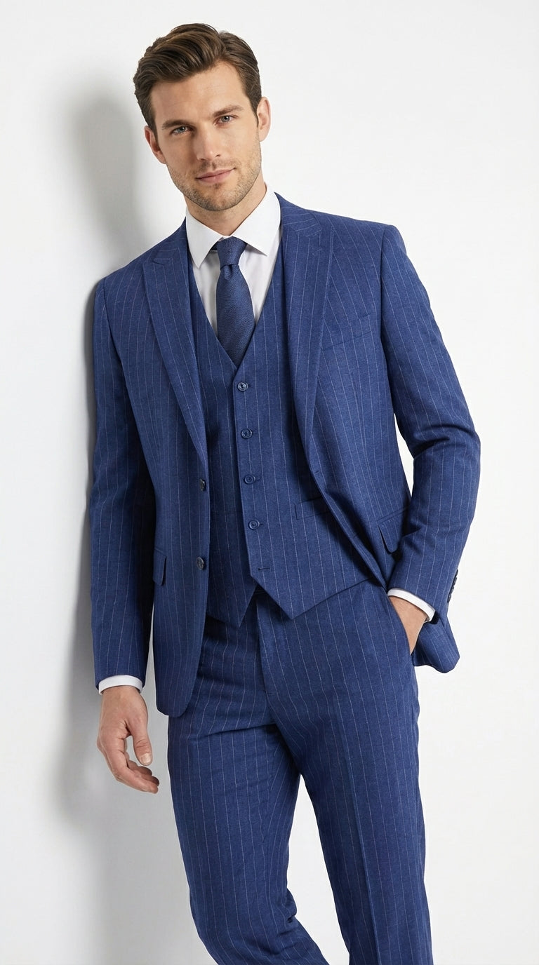 Men’s Cobalt Blue 3 Piece Suit – Indigo Light Blue Pinstripe Formal Suit with Vest for Wedding, Business Modern Fit Two buttons