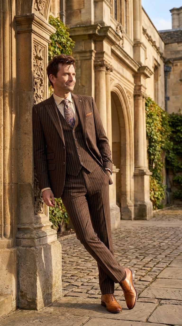 Men’s Doctor Who Inspired Brown Pinstripe 3-Piece Suit – Retro Vintage Wedding, Costume & Formal Suit