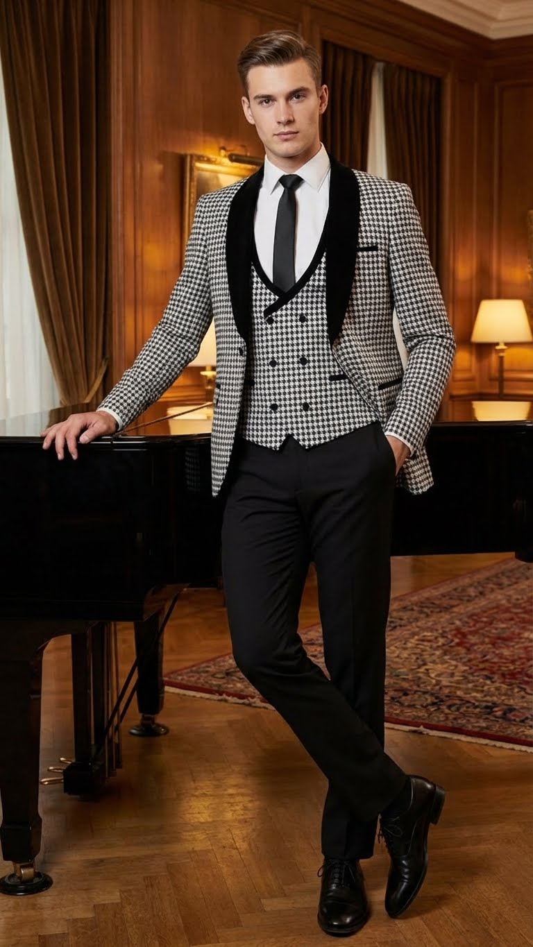 Men’s Black and White Houndstooth Tuxedo Set with Velvet Shawl Lapel | 3-Piece Formal Suit with Double-Breasted Vest