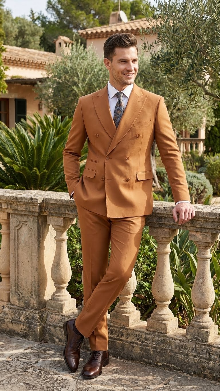 Men’s Vitali Brand Rustish Orange Brown Copper Color Double Breasted Slim Fit Suit