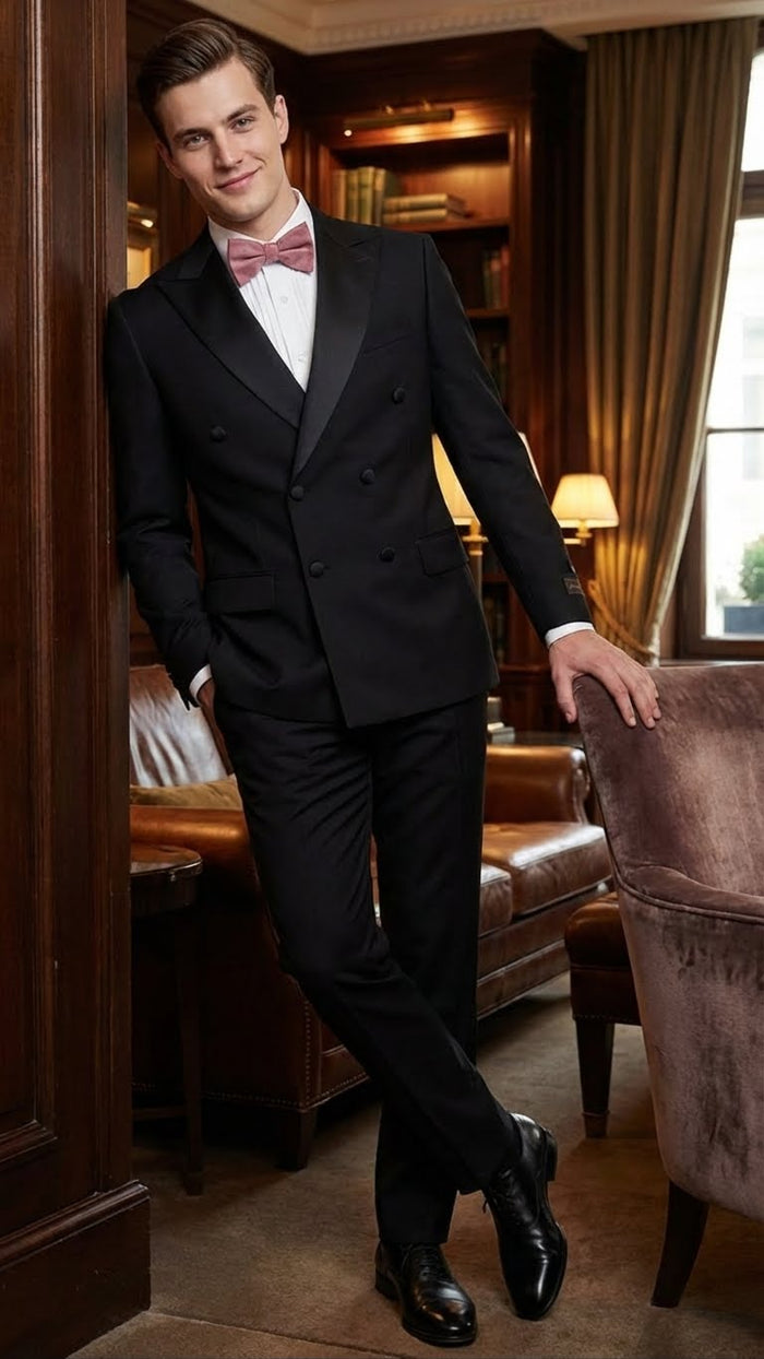Tiglio Brand 100% Wool Super 150s Italian fabric Men’s Classic Black Double-Breasted Tuxedo with Satin Peak Lapel – Formal Wedding & Gala Suit Set