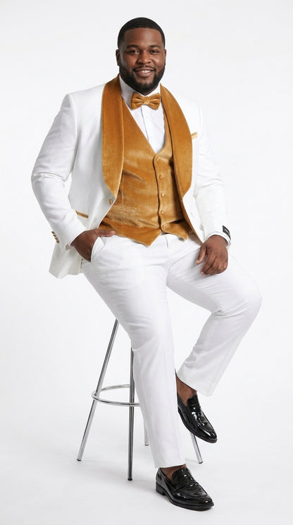Men's White & Gold Tuxedo – Velvet Shawl Lapel 3 Piece Wedding & Prom Suit