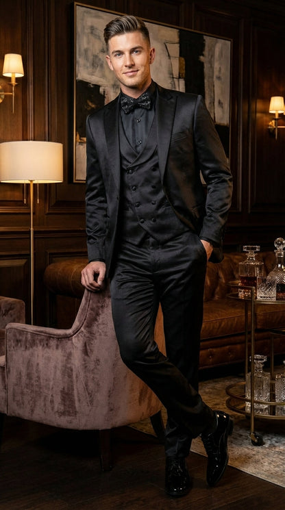 Men’s All Shiny Black Satin Suit – Black Satin Tuxedo Suit for Prom, Wedding, Formal Party and Evening Events Double breasted Vest