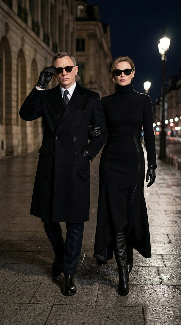 Men’s Black Double Breasted Overcoat, James Bond Inspired Long Formal Coat for Weddings, Business Events, Parties, and Winter Occasions
