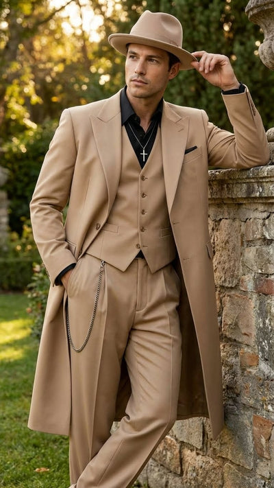 Men’s 1920s Beige Zoot Suit – Long Mafia Gangster Three-Piece Suit in Tan Khaki Color 40 inch Zuit Pachuco Suit 9   - from alligatorwarehouse.com