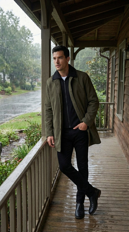 Mens Olive Brown Trench Coat Raincoat – Classic Water Resistant Long Coat with Zip and Button Closure for Business, Travel and Everyday Outerwear