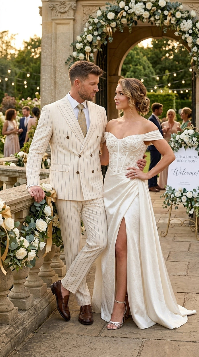 Men’s Cream Off White Pinstripe Pinstripe 2 Piece Double Breasted Suit, Summer Wedding Ivory Color By Vitali