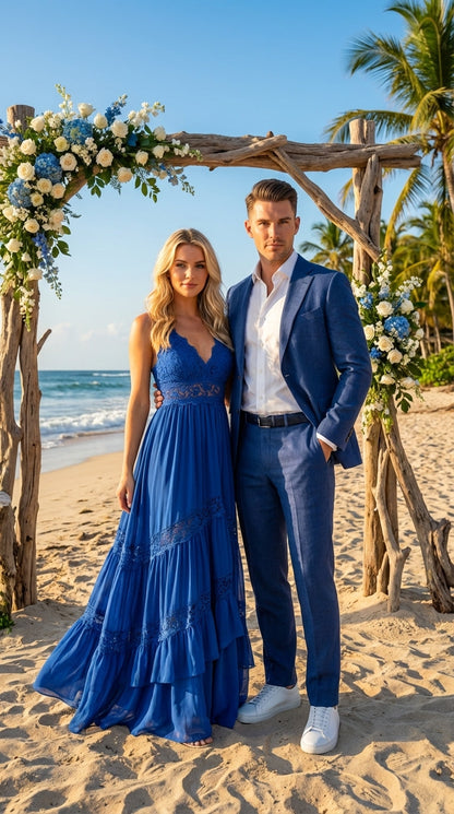 Mens Enzo Tovare Denim Blue Linen Summer Suit – Breathable Two Piece Suit for Wedding, Business, Travel