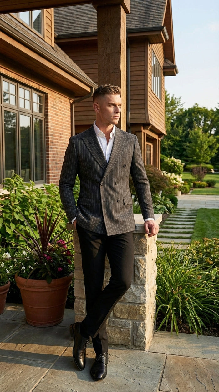 Mens Charcoal Gray Pinstripe Double Breasted Blazer Sport Coat – Classic Formal Business Jacket for Office and Smart Casual Wear