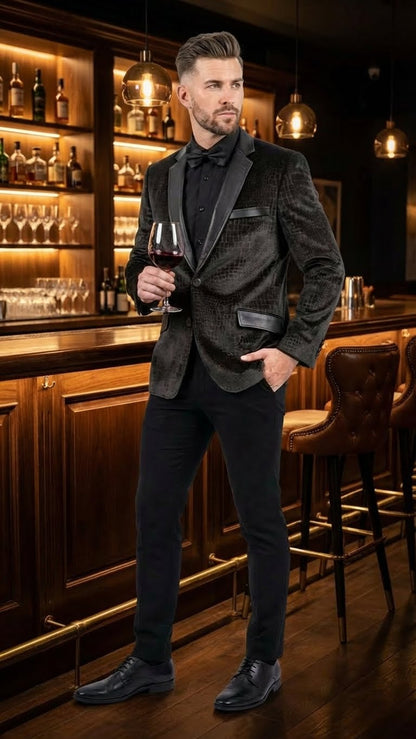 Men’s Crocodile Alligator Exotic skin Texture Blazer – Slim Fit Designer Jacket with Satin Lapels for Formal and Party Wear in Black Color