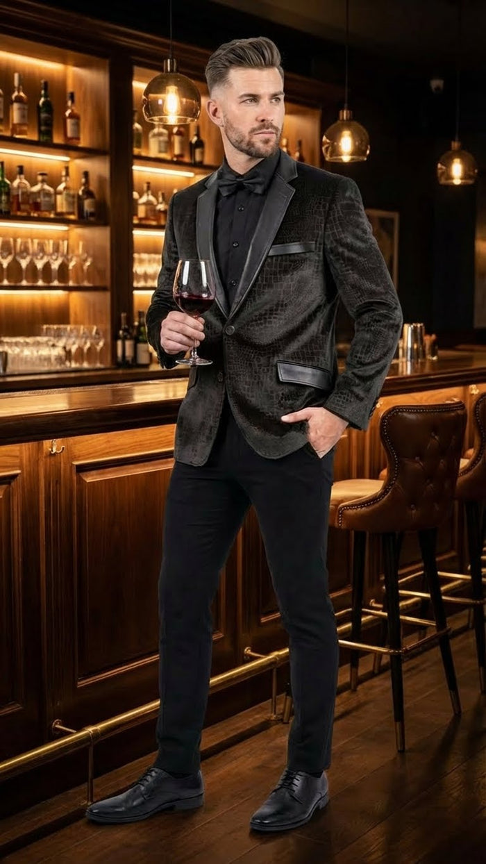 Men’s Crocodile Alligator Exotic skin Texture Blazer – Slim Fit Designer Jacket with Satin Lapels for Formal and Party Wear in Black Color