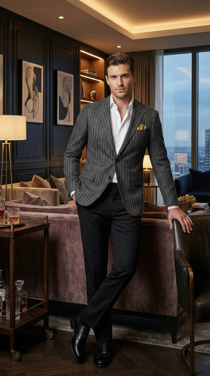 Mens Charcoal Pinstripe Blazer – Classic Tailored Formal Jacket for Business, Office and Evening Wear