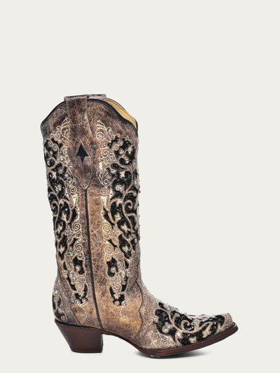 Corral Women's Black Glitter Inlay Crystal Snip Toe Cowboy Boots 2   - from alligatorwarehouse.com