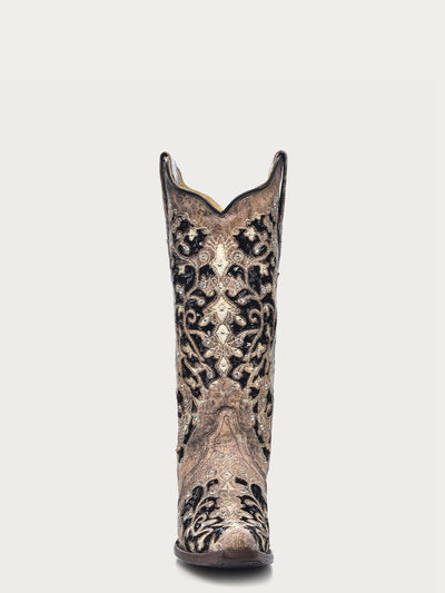 Corral Women's Black Glitter Inlay Crystal Snip Toe Cowboy Boots 3   - from alligatorwarehouse.com