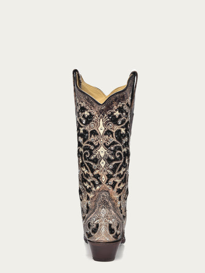 Corral Women's Black Glitter Inlay Crystal Snip Toe Cowboy Boots 4   - from alligatorwarehouse.com