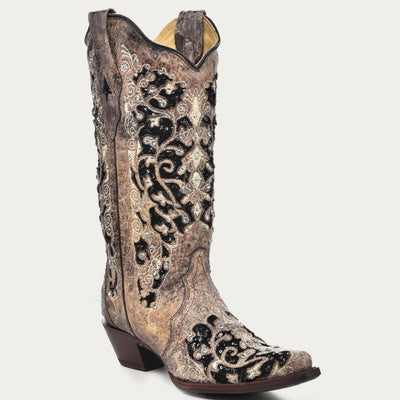 Corral Women's Black Glitter Inlay Crystal Snip Toe Cowboy Boots 1   - from alligatorwarehouse.com
