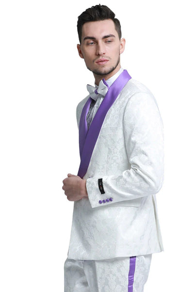 Men's Slim Fit Double Breasted Paisley Smoking Jacket Prom & Wedding Tuxedo in White & Purple 1 EV-4461  - from alligatorwarehouse.com