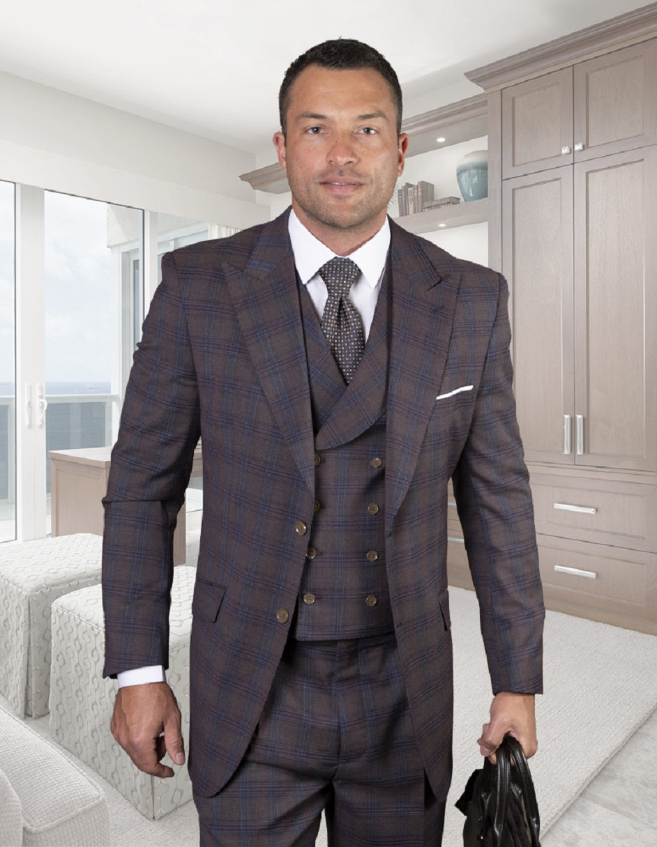 Mens Statement Apula 2 Button Peak Lapel Suit with Double Breasted Vest in Brown Plaid 1 APULA_BROWN_34S  - from alligatorwarehouse.com