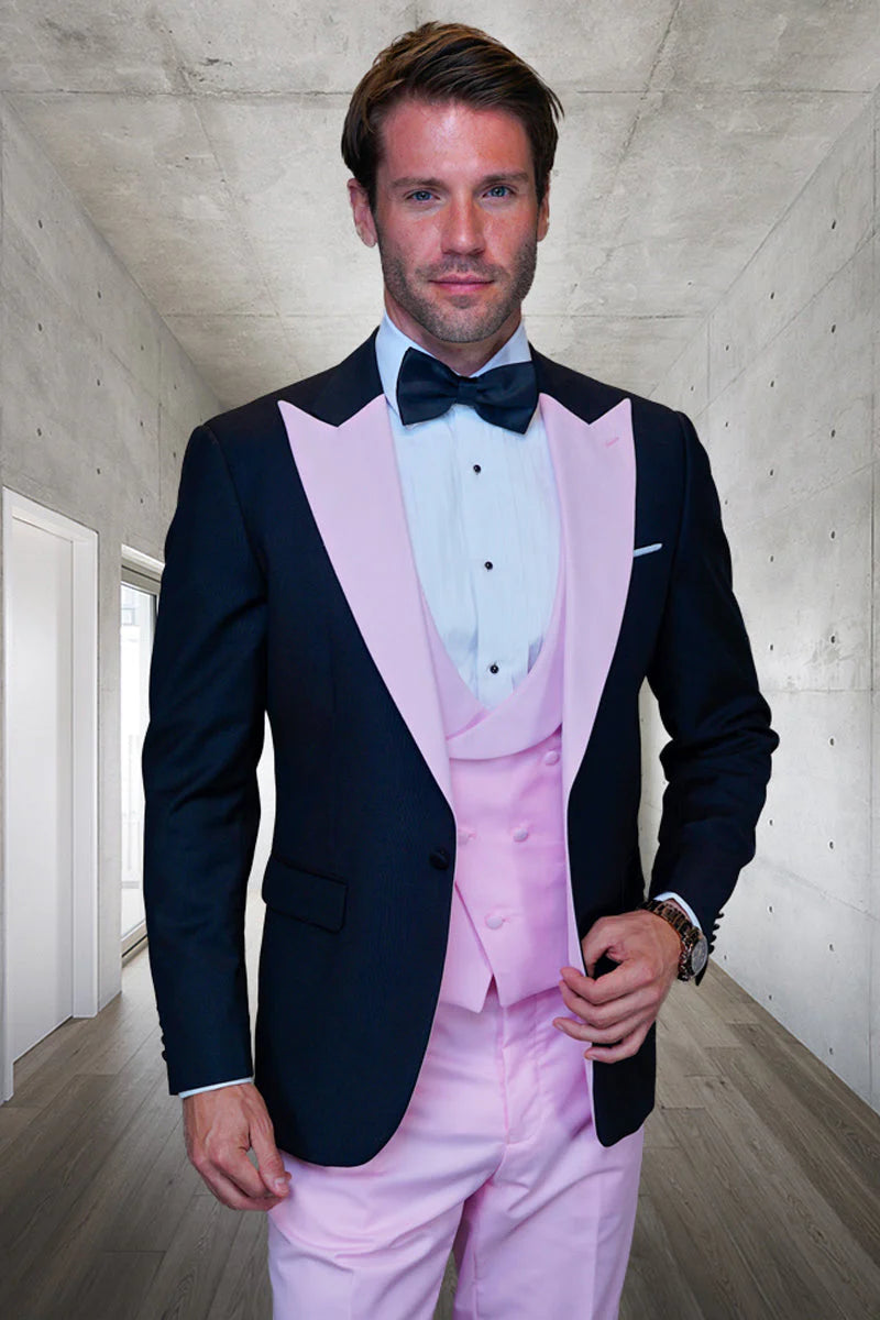 Men’s Black and Pink Wool Tuxedo – Designer Vested Tuxedo with Contrast Satin Peak Lapel for Wedding & Prom 1   - from alligatorwarehouse.com