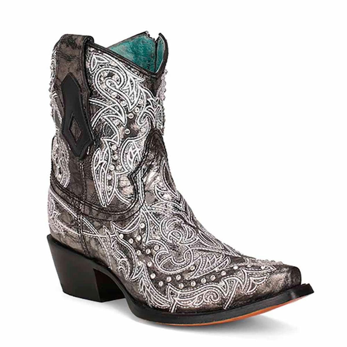 Corral Black and White Embroidery with Crystal Accent Ankle Boots