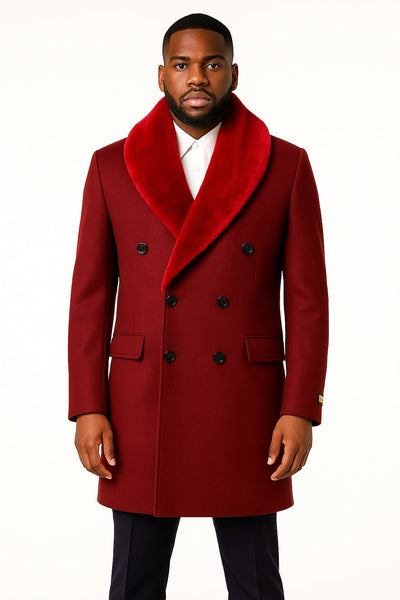 Mens Double-Breasted Burgundy Overcoat with Red Faux Fur Shawl Collar – Alberto Nardoni Winter Coat 1   - from alligatorwarehouse.com