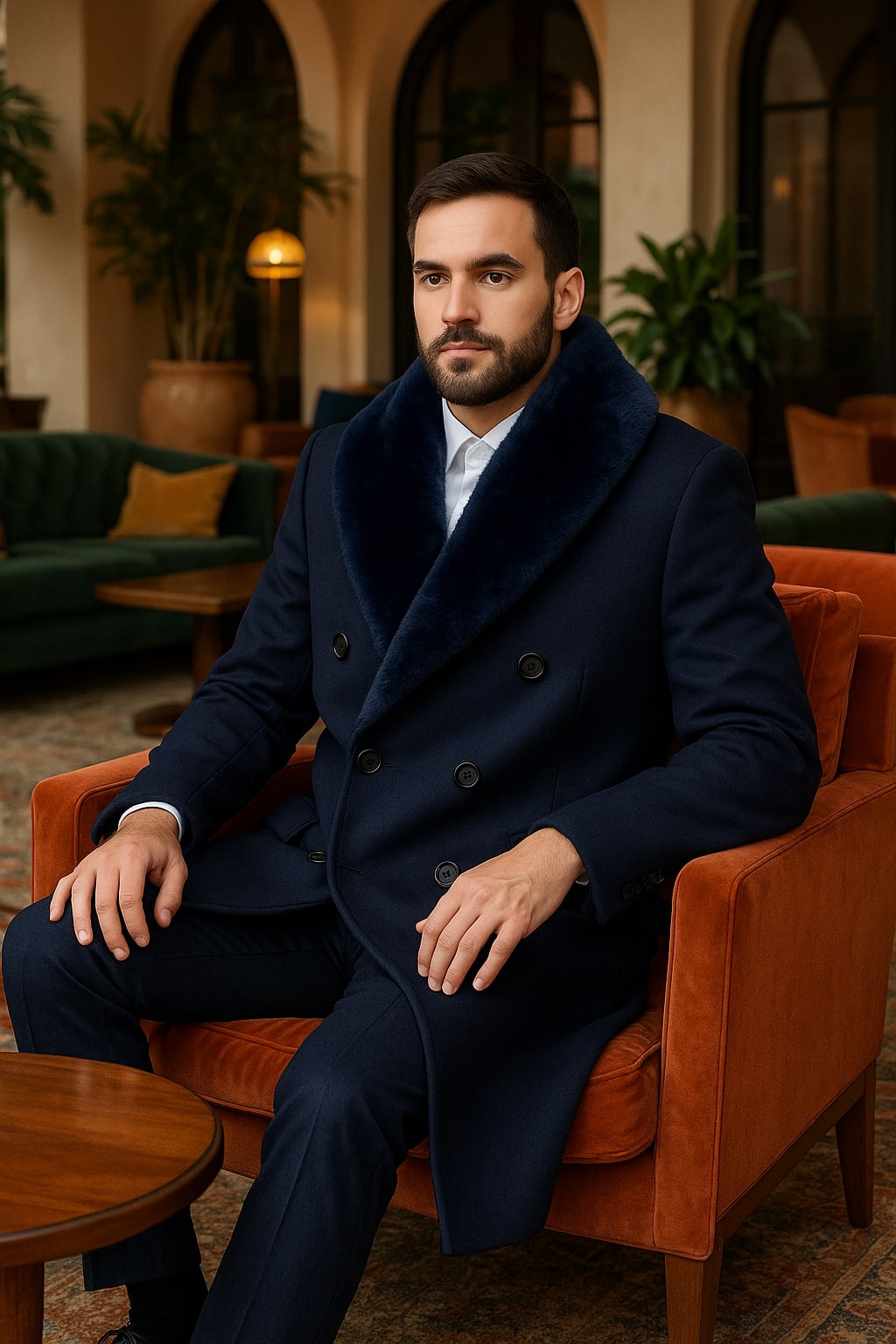 Mens Double-Breasted Navy Overcoat with Plush Blue Faux Fur Collar – Alberto Nardoni Winter Coat