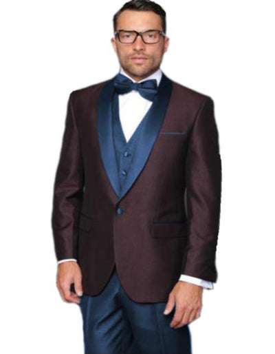 Burgundy ~ Plum And Dark Navy Blue Lapel Burgundy Suit Tuxedo Vested 3 Piece Suit Wedding / Prom / Party Suit 9 5V-2962  - from alligatorwarehouse.com