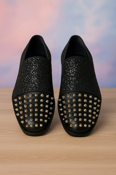 Men's Black Glitter Loafers with Spike Studded Toe – Designer Slip-On Dress Shoes for Parties and Events 1   - from alligatorwarehouse.com