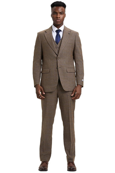 Men's Stacy Adams Modern Fit Vested Suit in Taupe Micro Check Plaid 2 SM167H1-10-38R  - from alligatorwarehouse.com