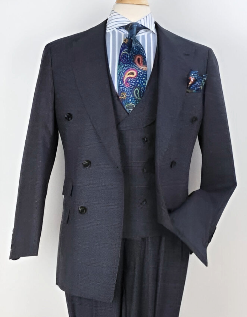 Double Breasted Suits - Vested Suits Wool Fabric - Apolo King Brand - Gray Plaid Suit