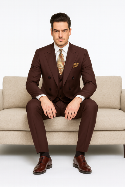 Double Breasted Suits - Vested Suits Wool Fabric - Apolo King Brand - Solid Brown Suit 8   - from alligatorwarehouse.com