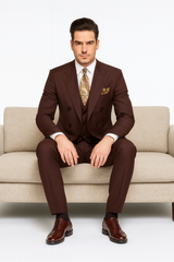Double Breasted Suits - Vested Suits Wool Fabric - Apolo King Brand - Solid Brown Suit