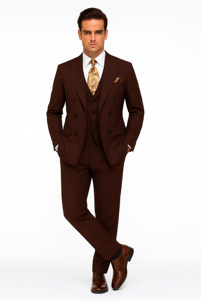 Double Breasted Suits - Vested Suits Wool Fabric - Apolo King Brand - Solid Brown Suit 5   - from alligatorwarehouse.com