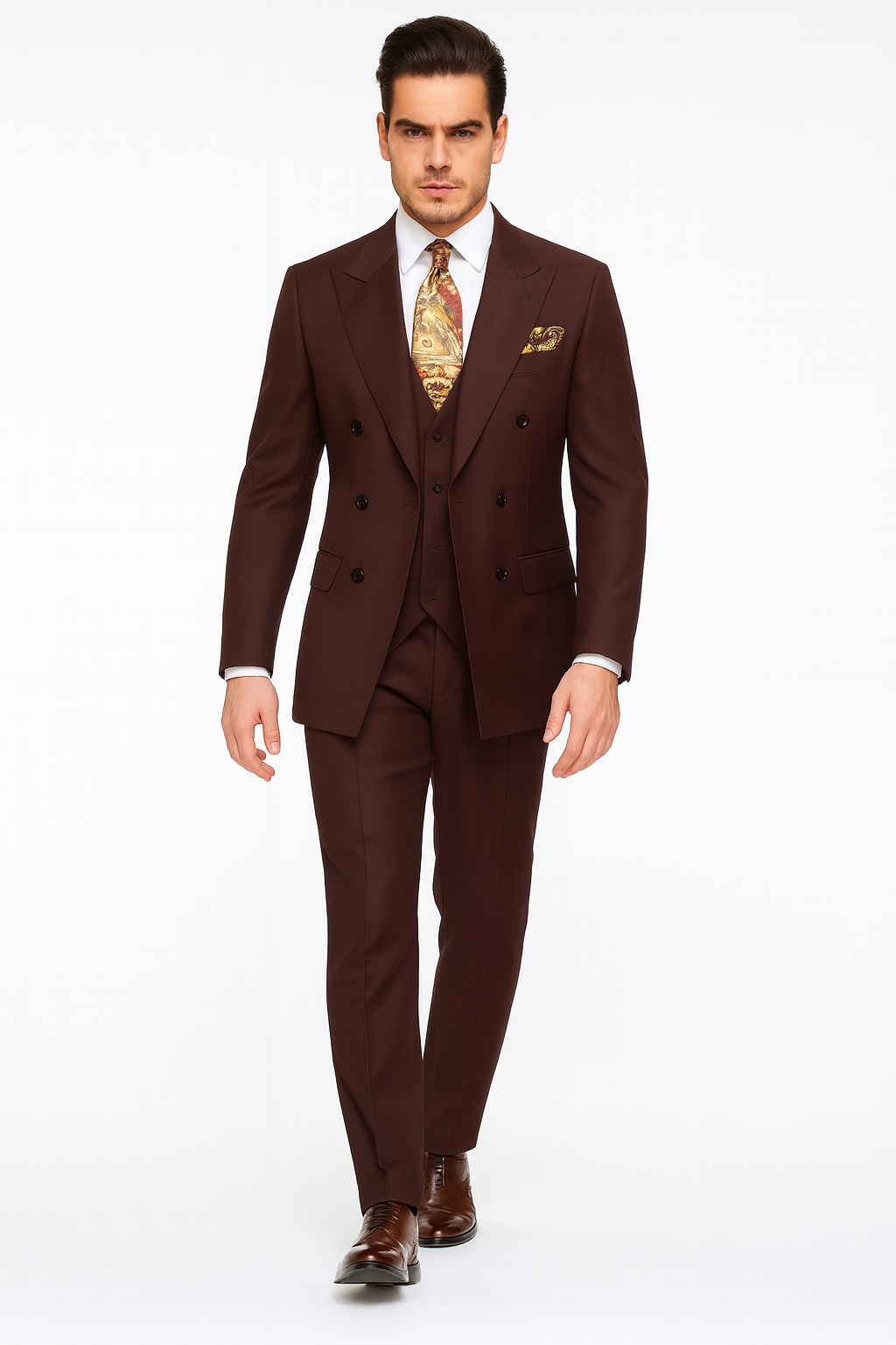 Double Breasted Suits - Vested Suits Wool Fabric - Apolo King Brand - Solid Brown Suit