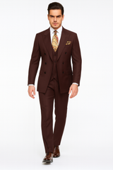 Double Breasted Suits - Vested Suits Wool Fabric - Apolo King Brand - Solid Brown Suit