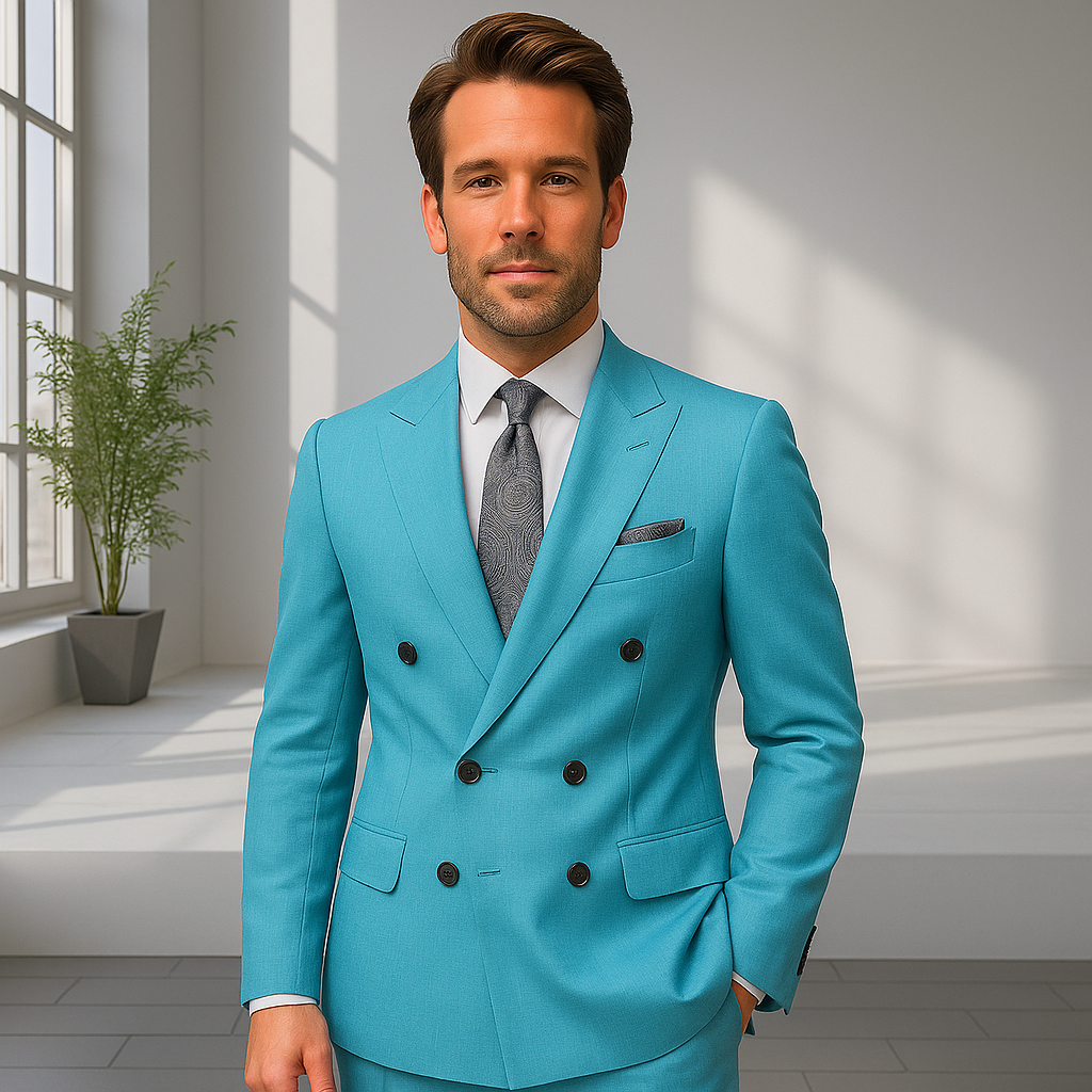 Wool Suit - Italian Made Business Suit by Statement Men's 2 Piece 100% Wool Double Breasted Suit - Pinstripe Pattern