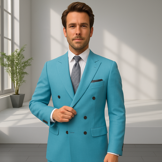Wool Suit - Italian Made Business Suit by Statement Men's 2 Piece 100% Wool Double Breasted Suit - Pinstripe Pattern