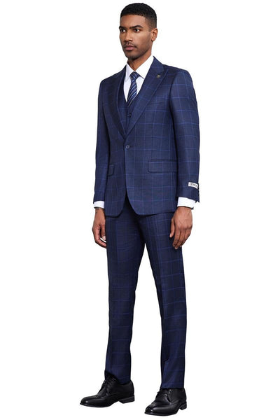 Men's Stacy Adams Classic One Button Vested Windowpane Suit in Navy Blue 3 SM178H1-50-38R  - from alligatorwarehouse.com