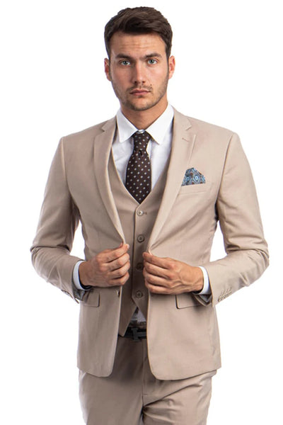 Men's Two Button Slim Fit Vested Solid Basic Color Suit in Medium Tan 1 HX-0704  - from alligatorwarehouse.com