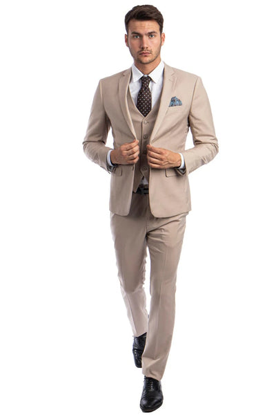 Men's Two Button Slim Fit Vested Solid Basic Color Suit in Medium Tan 2 HX-0704  - from alligatorwarehouse.com