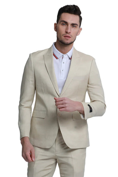 Men's Two Button Peak Lapel Summer Linen Style Beach Wedding Suit in Tan 1   - from alligatorwarehouse.com