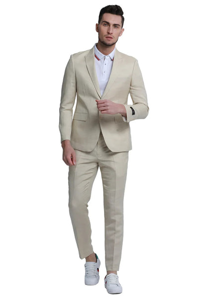Men's Two Button Peak Lapel Summer Linen Style Beach Wedding Suit in Tan 2   - from alligatorwarehouse.com