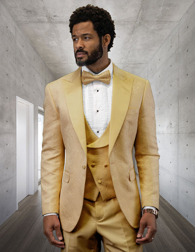 Men's Gold Floral Brocade Three-Piece Suit with Vest and Bow Tie 1   - from alligatorwarehouse.com